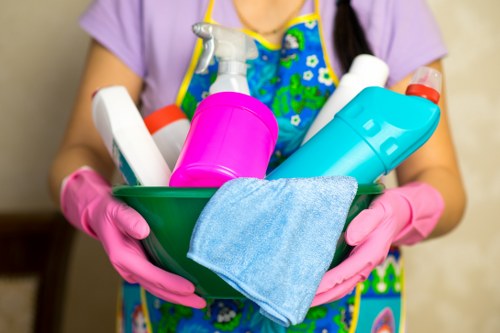 Carpet cleaning team preparing equipment safely